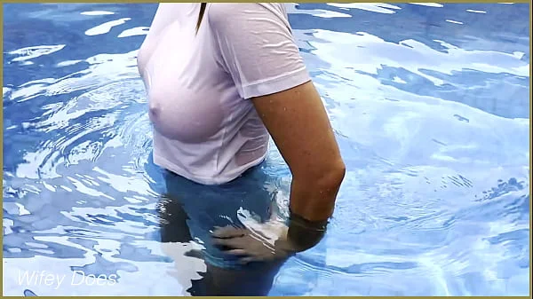 Amazing hot wife in Wet T-shirt in the hotel Pool | Risky public exhibitionist