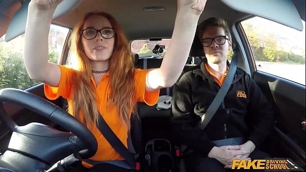 Fake Driving Instructor fucks his cute ginger teen student in the car and gives her a creampie