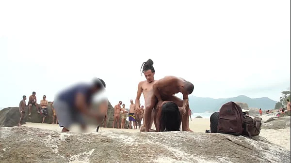 Cute Brazilian mulata, Jasminy Villar double penetrated by huge dicks at nude beach while people watching (Anal, DP, public sex, beach, Monster cock, ebony) OB242