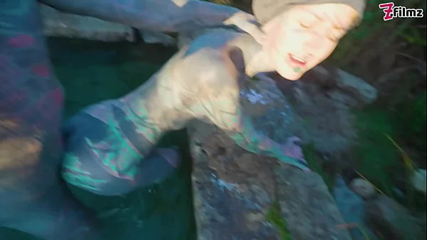 Alternative couple having wild outdoor sex in outdoor hotbath