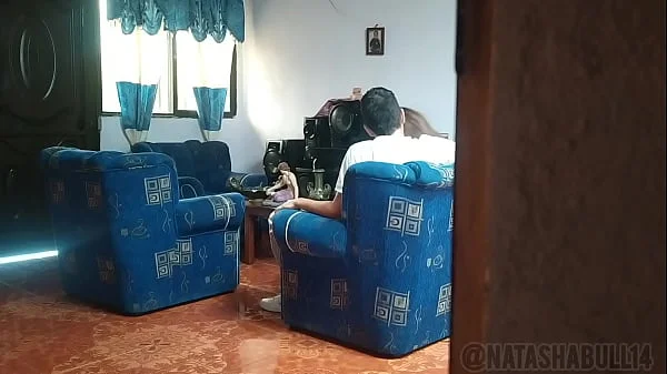I spy on my stepsister fucking her boyfriend in the living room. I will save this video to blackmail her and fuck her
