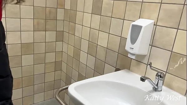 Real porn casting in a mall public toilet