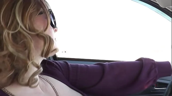 Frina car has broken auto navigator. Sexy blonde MILF driving in stockings without skirt or panties and asks for directions from random passerby. Public nudity. In public. Outdoor. Outside