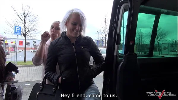 Two horny bitches pick up sexy blondie in shopping park to have fuck and fun in the car